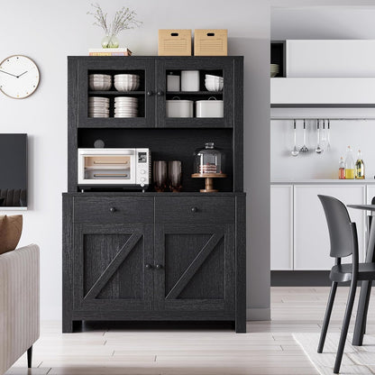 GarveeHome Kitchen Pantry Cabinet with Microwave Stand, Freestanding Hutch Cabinet with Buffet Cupboard, Tall Kitchen Cabinets with Adjustable Shelves for Dining Room, Black