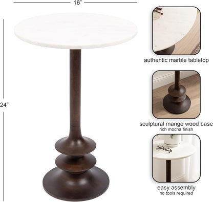 Kate and Laurel Squires Modern Marble Round Side Table, 16 x 16 x 24, White Marble and Dark Brown, Marble Top Circle End Table for Use as a Bedroom Nightstand or Living Room Plant Stand Option