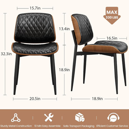 REONEY Dining Chairs Set of 4, Mid-Century Modern Upholstered PU Leather Chairs with Walnut Back and Metal Legs Adjustable Feet for Kitchen Dining Room, Black Diamond Plaid