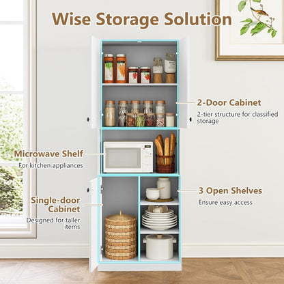 TANGZON Tall Kitchen Cupboard, 3-door Storage Cabinet with Countertop, Open Shelves & Anti-tipping Device, Freestanding Pantry Cupboard Kitchen Units for Dining Room Living Room, White