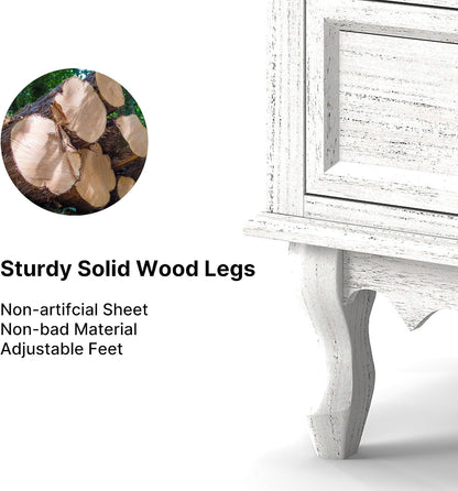 Solid Wood Nightstands Set of 2, Fully Assembled Night Stand with 2 Drawer & Open Shelf Storage, Bedside Table with Charging Station, Mid-Century Modern End Table for Bedroom, White