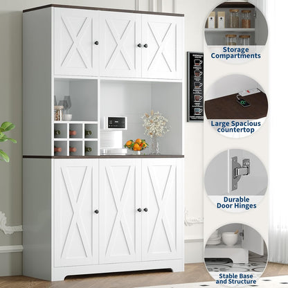 71" Tall Freestanding Farmhouse Pantry Cabinet with Wine Rack, Coffee Bar, Microwave Stand, Adjustable Shelves, Charging Station – Kitchen Hutch for Dining Room or Home Bar Storage Cabinet