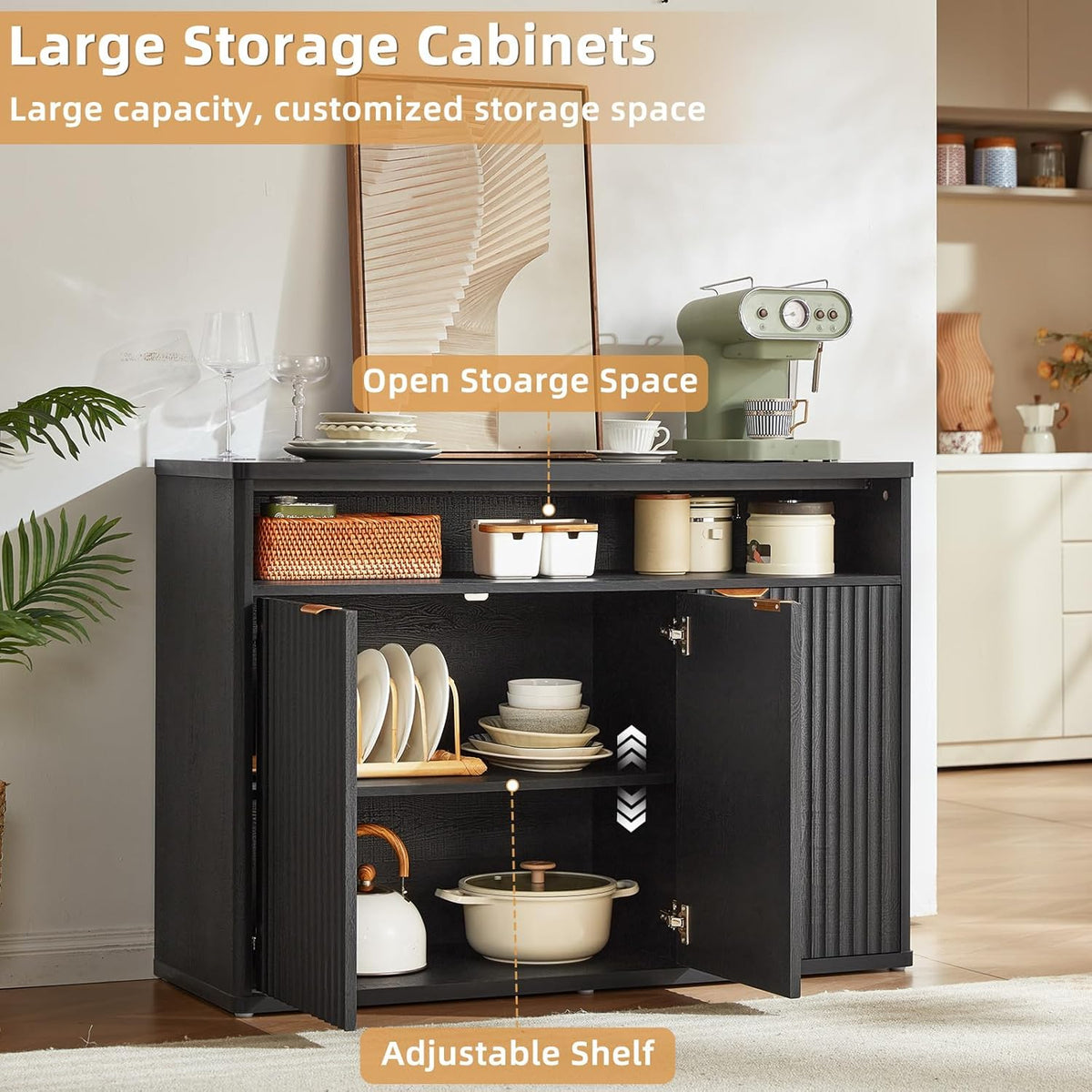 LEYAOYAO Fluted Buffet Cabinet with Storage, 45" Wide Wood Sideboard Credenza with 3 Doors & Open Storage Shelf, Modern Kitchen Console Accent Cabinets, Coffee Bar Table for Dining Room, Black Oak