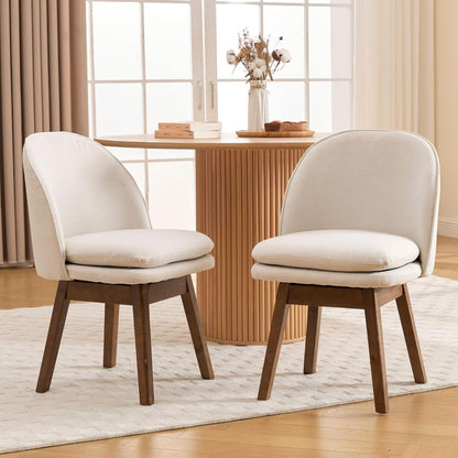 ROCITY Swivel Dining Chairs Set of 2, Beige Linen Kitchen Chairs with Solid Wood Legs, Mid Century Modern Upholstered Dining Room Chair Armless Accent Chair for Kitchen/Restaurant