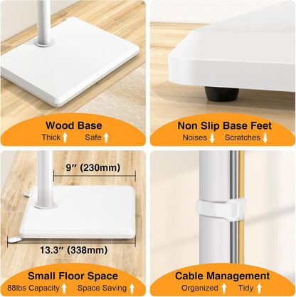 TVON Universal Floor TV Stand with Mount for Most 32-65 Inch TV up to 88lbs | Height Adjustable TV Floor Stand with Wood Base for Space Saving (WHITE, Wooden Base)