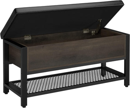 HOSTACK 40" W Storage Bench, Entryway Shoe Bench with Cushion, Dark Brown | Wood Metal Bench with Flip-Open Hidden Storage, Ottoman Bench with Padded Seat & Shoe Rack for Hallway, Bedroom, Living Room