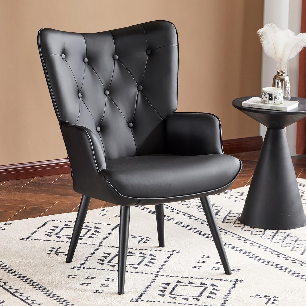 Furniliving PU Leather Accent Chair for Living Room, Upholstered Reading Chair with High Backrest, Tufted-Button Wingback Armchair for Bedroom, Dressing Room, Home Office, Black