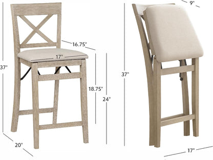 Linon Triena X Back Neutral Greywash Wooden Fully Assembled Folding 24 Inch Seat Height Counter Stool with Beige Upholstered Seat