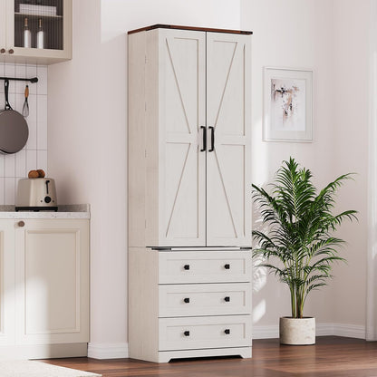 72'' Tall Kitchen Pantry Cabinet, Freestanding Tall Cupboard Storage Cabinet with 2 Barn Doors & 3 Drawers, Adjustable Shelves, Large Farmhouse Pantries for Living Room, Dining Room