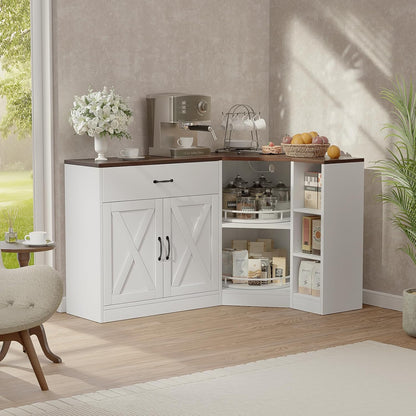 Corner Cabinet w/Charging Station, Kitchen Pantry w/Lazy Susan Turntable | Farmhouse Food Pantry Cabinet w/Drawer & Doors & Adjustable Shelf, L-Shaped Sideboard for Dining Room (White)