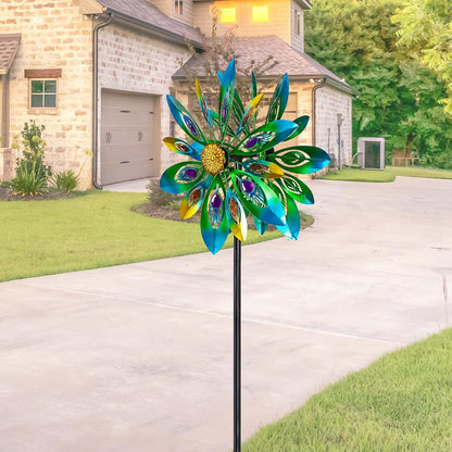 53 Inch Wind Spinner - Outdoor Metal Peacock Wind Sculptures for Garden, Patio, Yard, Lawn Decorations Double Windmill Spinner
