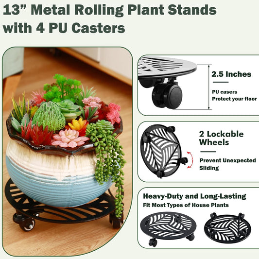 1 Packs Large Metal Plant Caddy with PU Wheels 13" Heavy-Duty Wrought Iron Rolling Plant Stands Indoor Outdoor Wheeled Plant Dolly Planter Mover Rollers Plant, Leaf Style