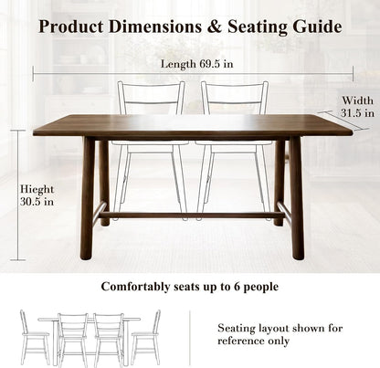 Ya-Home Walnut Dining Table, 69" Wood Kitchen Table with Solid Wood Legs, Seats 4-6, Modern Farmhouse Dinner Table for Dining Room Home Office