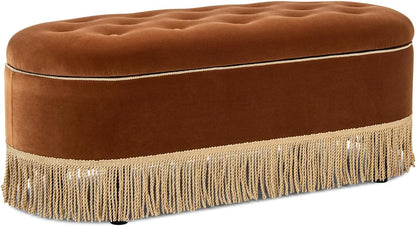 Jennifer Taylor Home 48.5" Oval Tufted Bullion Fringe Storage Bench, Burnt Orange Performance Velvet
