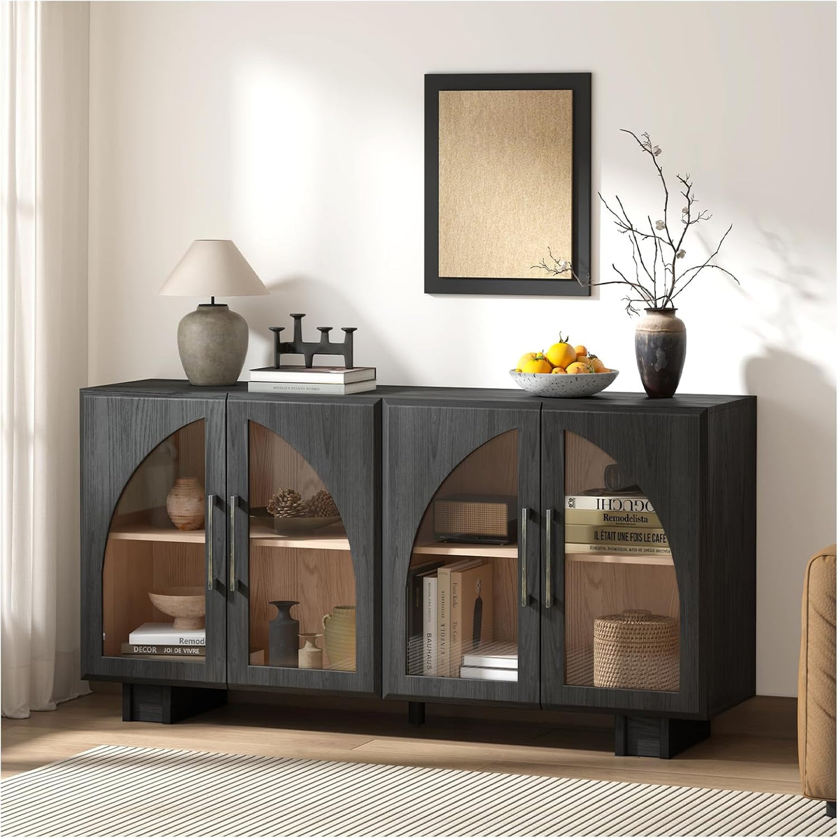 JOINICE Sideboard Buffet Cabinet with Storage,63” Modern Accent Console Cabinet with Glass Doors,Arched Credenza Storage Cabinet with Adjustable Shelves for Entryway,Kitchen,Black