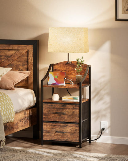 Evermagin 45" Nightstands, Tall Nightstand with Charging Station & Light | Bedside Table with 2 Fabric Drawer & Storage Shelf, End Table with USB Ports and Outlets for Bedroom, Dorm, Rustic Brown