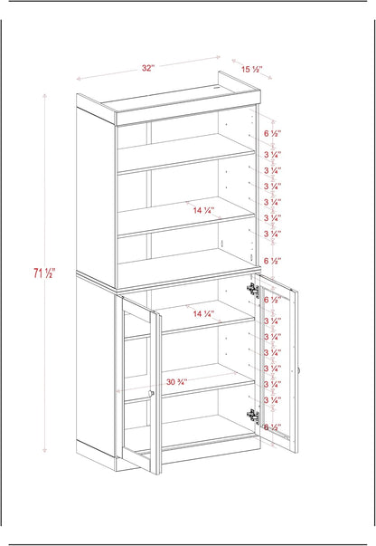 Palace Imports 100% Solid Wood Kitchen Pantry w/ 2 Glass Doors, Yellow, 32" w x 71.5" h, Renewable Eco-Friendly Pine, Made in Brazil