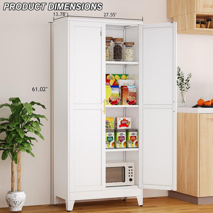 Winiowa Metal Pantry Cabinet with 2 Doors and Adjustable Shelves - 61" Kitchen Storage Cabinet with Gold Handles - Versatile Storage for Kitchen, Bathroom, Dining Room, Utility Room - White