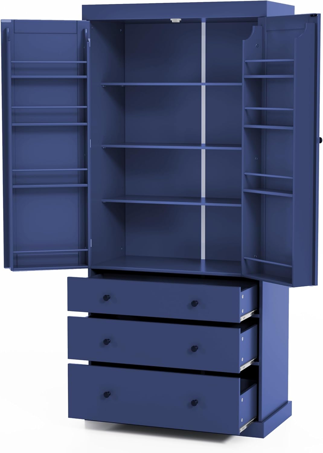 77inch Farmhouse Kitchen Pantry, Freestanding Tall Cupboard Storage Cabinet with 3 Adjustable Shelves, 8 Door Shelves, 3 Drawers for Kitchen, Dining Room, Blue