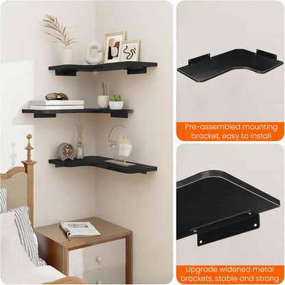 Homode Corner Shelves Wall Mounted, Set of 3 Floating Corner Shelves with Cord Hole, 3 Tier Wooden Hanging Display Shelf for Bathroom Kitchen Living Room, Black