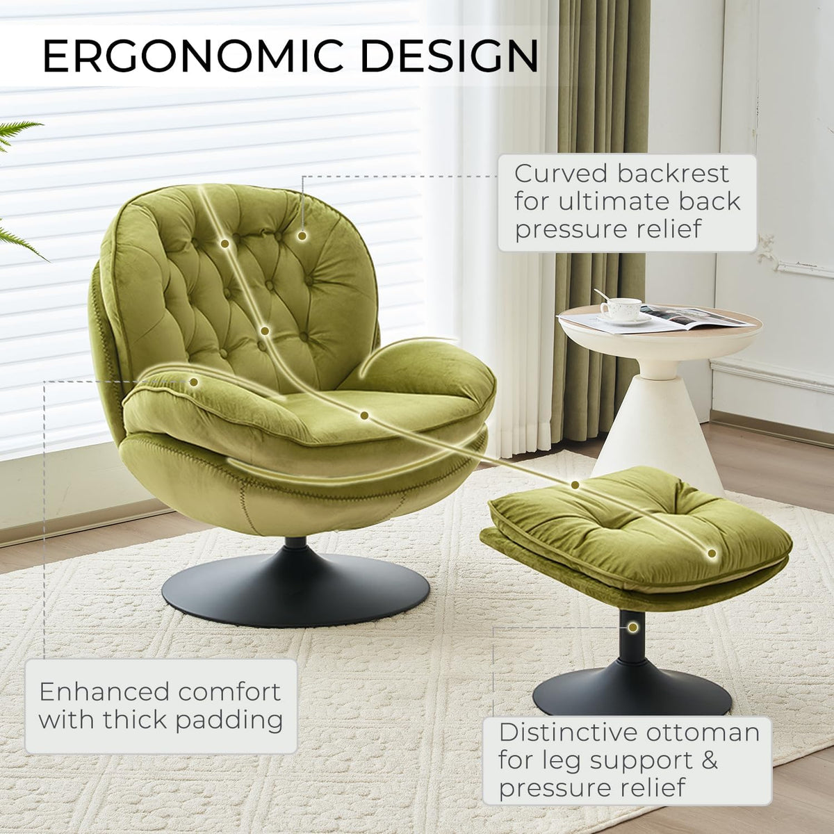 Velvet Swivel Accent Chair with Ottoman Set,Modern Tufted Armchair with Footrest for Living room,Reading TV Chair for adult,Comfy Chaise Lounge Chairs with 360 Degree Swiveling for bedroom,Olive Green