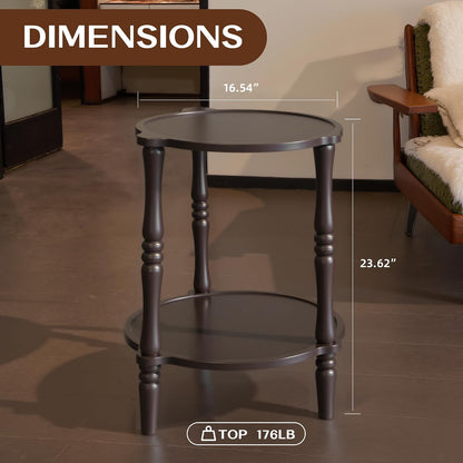 Accent Wood End Table, 2-Tier Round Bedside Table, Natural Side Table Nightstand for Family, Bedroom, Living Room, Handcrafted Finish, Walnut