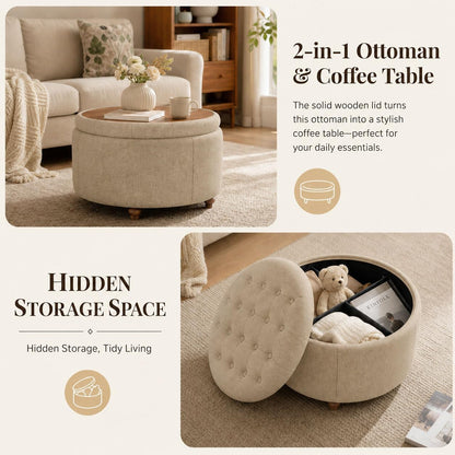 25" Round Ottoman with Storage, Small Coffee Table with Reversible Tray Lid | Tufted Fabric Round Storage Ottoman with Solid Wood Legs, 3-in-1 Footrest for Living Room, Bedroom, Entryway, Coffee