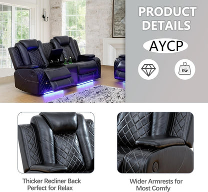Multifunction Power Air Leather Recliner Sofa Set with LED Lights, Living Room Furniture, Reclining Sofa, loveseat, Chair with USB Port/Storage Console/Cup Holders (Black, 3 Pieces)