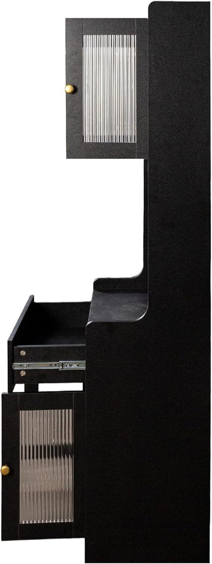 Black Kitchen Pantry Hutch Cabinet with Microwave Stand - Farmhouse Buffet Sideboard with Drawers & Storage Shelves, Freestanding Coffee Bar Cabinet for Dining Room & Kitchen