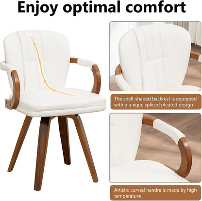 Swivel Dining Chairs Set of 2 Mid Century Modern White Faux Leather Upholstered Kitchen Chairs with Bentwood Frame Armrests Side Chairs,Comfortable Ergonomic Wood Accent Chair No Wheels