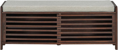 SOFTSEA Shoe Storage Bench with Cushion, 2-Tier Entryway Bench with Sliding Shutter Doors for Entryway, Bedroom, Living Room, Farmhouse Style, 43.3" W x 15.4" D x 16.5" H (Espresso)