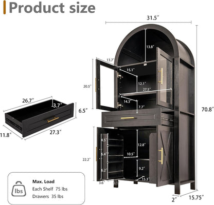 71" Tall Arched Kitchen Pantry Cabinet, Farmhouse Freestanding Food Pantry with Glass Door, Barn Door Design and Adjustable Shelves, Storage Cupboard for Kitchen, Living & Dining Room,Black