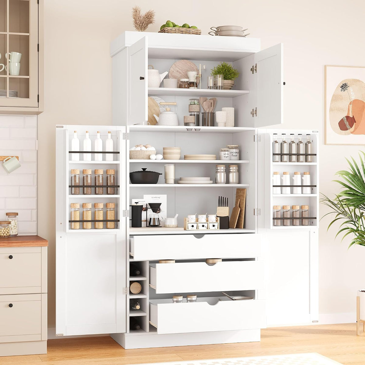 77'' Tall Freestanding Kitchen Pantry Storage Cabinet, Wooden Kitchen Organizers Cupboard with Adjustable Shelves, Door Shelves, 3 Drawers and Wine Racks for Dining Room Living Room (White-1.27)