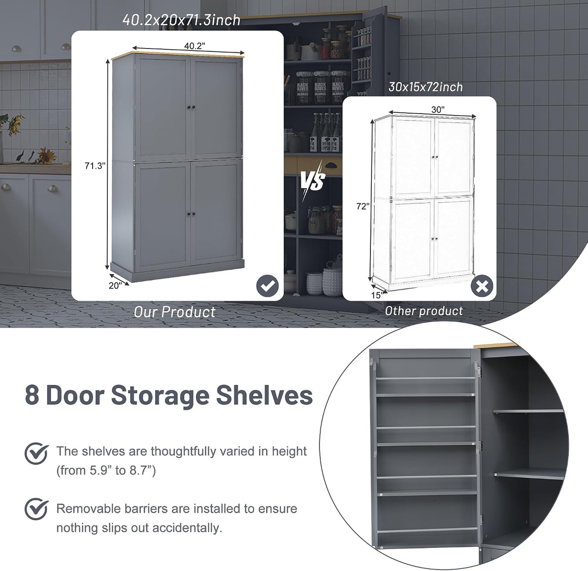 LUMISOL Kitchen Pantry Sideboard, 71.3” High Freestanding Large Cupboard Storage Cabinet with 2 Drawers, 2 Adjustable Shelves, 8 Door Shelves for Kitchen, Dining Room, Grey