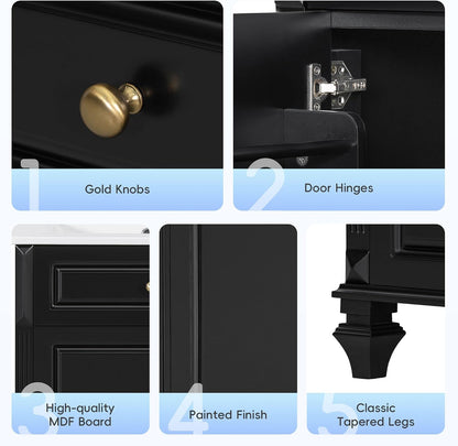 JIVOIT 24 Inch Bathroom Vanity with Ceramic Sink Top, Solid Wood & MDF Vanity Cabinet with Flip-Out Drawer, 3 Drawers & Storage Cabinet, Adjustable Shelf, Door-Mounted Storage Rack (Black-33)