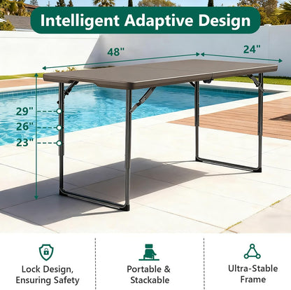 Folding Table 4ft - Heavy Duty Fold-in-Half Plastic Table with Adjustable Height, Portable Utility Tables with Steel Legs for Indoor, Outdoor, Picnic, Camping, Dining, Party (Khaki)