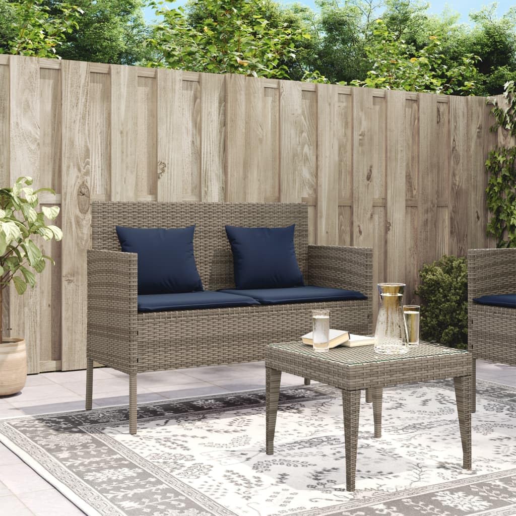 Gray Poly Rattan Patio Storage Bench with Cushion, Outdoor Seat with Waterproof Bag for Cushions and Towels