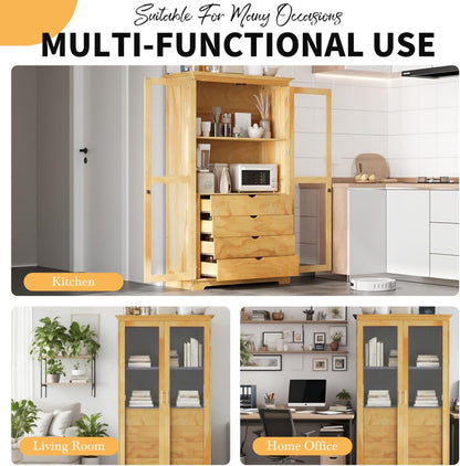 Freestanding pantry organizer armoire solid pine wood, glass double doors, four sliding drawers, adjustable shelf, kitchen hutch for dining area, office, living room display cupboard (Natural)