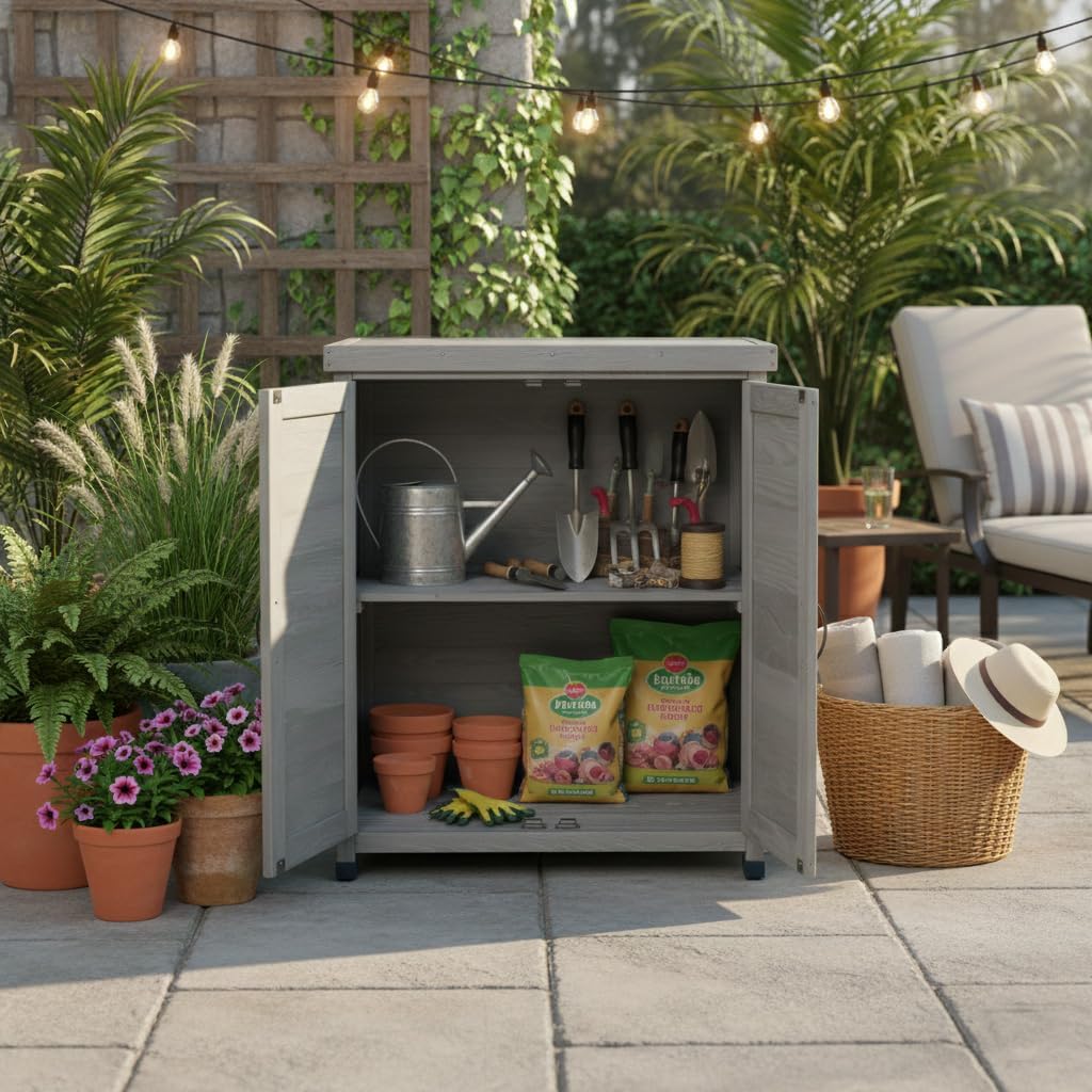 31" Weatherproof Small Storage Cabinet, Storage Cabinets with X-Shape Frame, Tool Cabinet with Magnetic Door for Patio & Garage, Gray