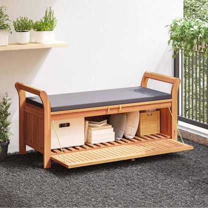 Solid Acacia Wood Garden Storage Bench with Dark Grey Cushion, Outdoor Patio Seat with Under-Seat Storage, Oiled Finish for Weather Protection, Easy Assembly