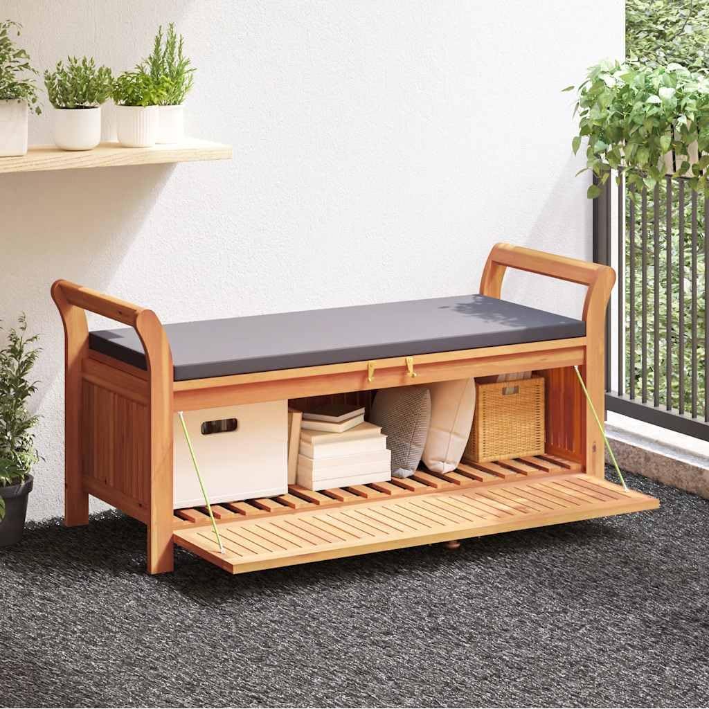 Solid Acacia Wood Patio Storage Bench with Cushion, 49.6 Inch Outdoor Garden Bench with Curved Arms and Ample Storage Space for Cushions, Pillows, Blankets