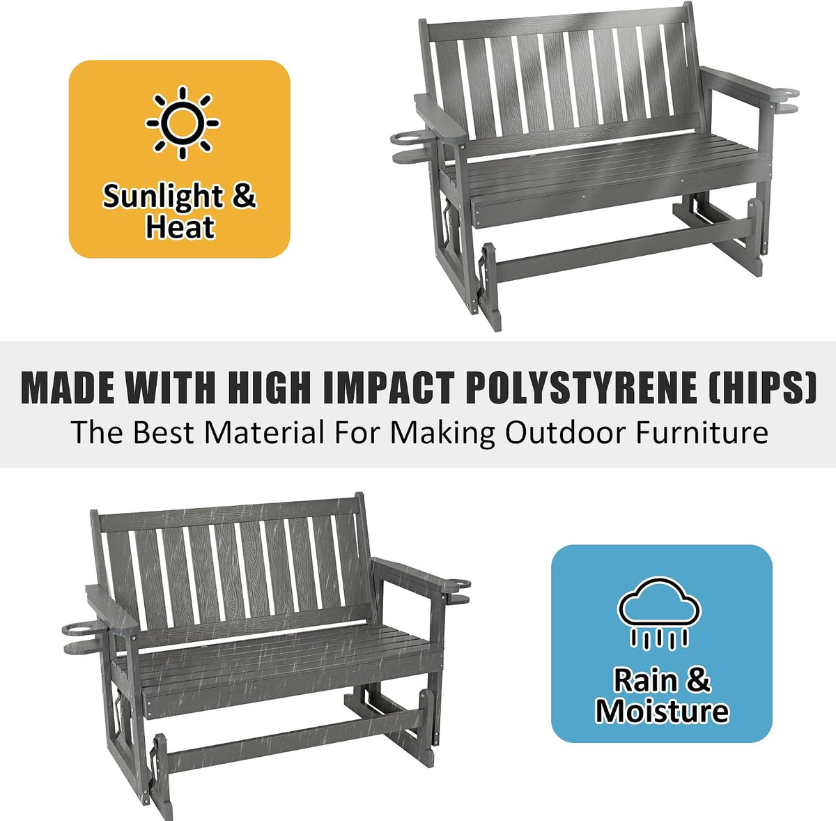 Poly Lumber Patio Glider, HIPS Material Weather-Resistant Swing Bench for Outdoor Porch Garden, Gray