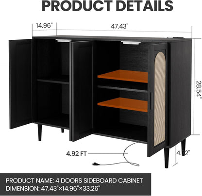 Patikuin Rattan Sideboard Buffet Cabinet, Boho Accent Storage Cabinet, 4 Doors Console Table Coffee Bar with Power Outlet, Adjustable Shelves for Kitchen, Dining Room, Hallway, Living Room (Black_2)