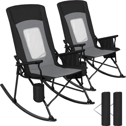 Romswi 2 Pack Rocking Camping Chair for Adult 400LBS Capacity, Heavy Duty Folding Rocking Chairs, Portable Outdoor Rocker with High Back & Hard Armrests for Camping, Beach, Patio, Backyard, Mesh Black