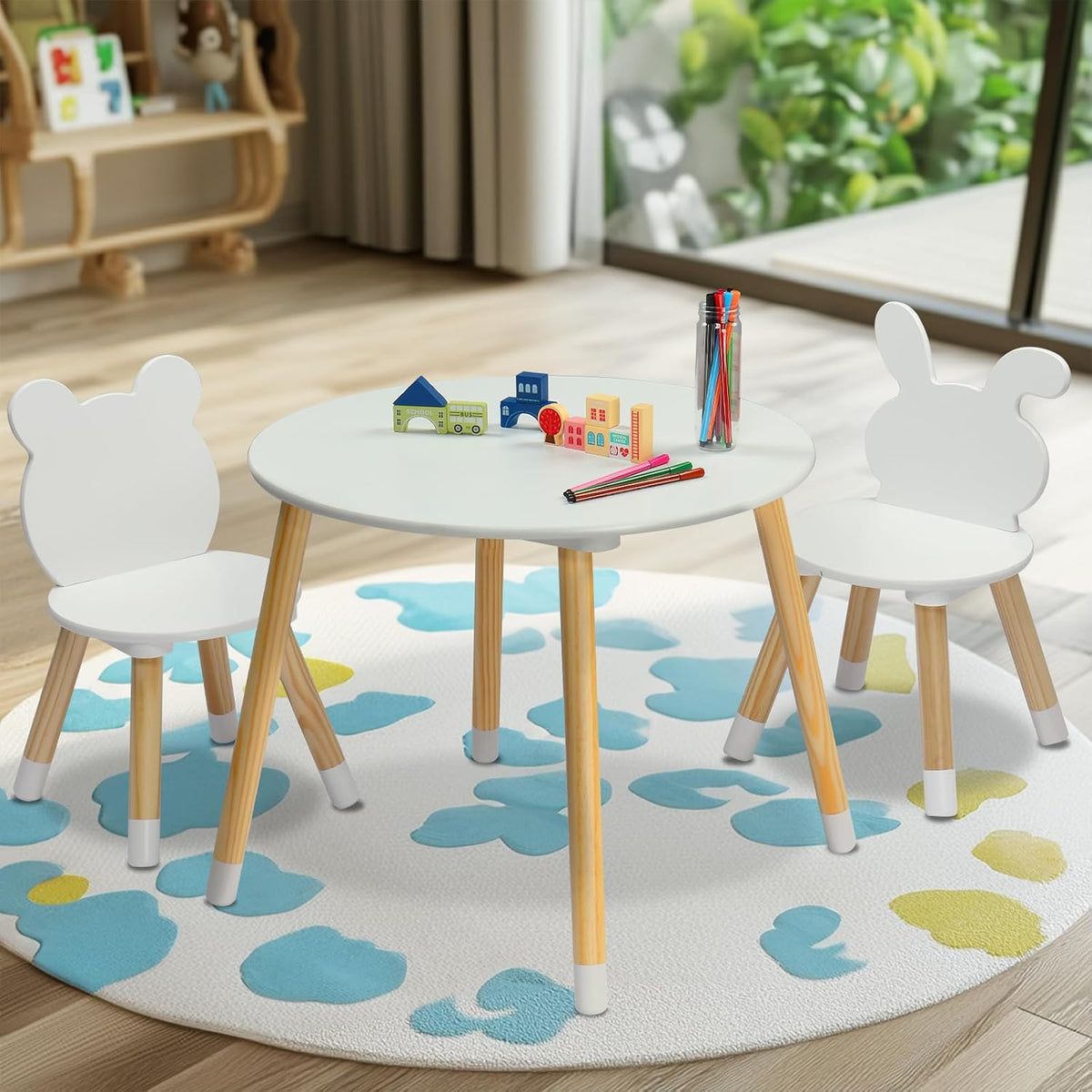 3-Piece Kids Table Chair Set White Round Play Furniture | Kids Activity Table and 2 Chairs Set, 3-Piece Folding Play Table Set, Pastel Multicolor for Home Daycare Playroom, White