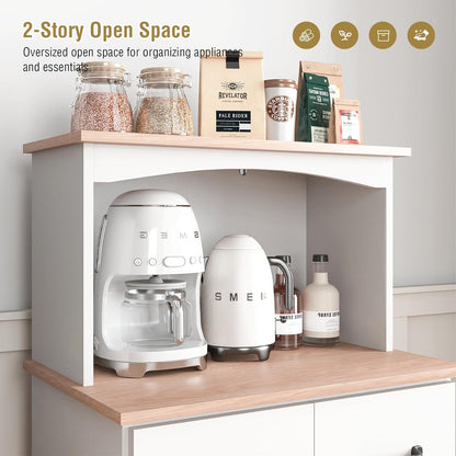 Microwave Stand with Storage, Kitchen Pantry Storage Cabinet with Drawer and Adjustable Shelf, Microwave Cabinet with Open Space for Kitchen, Dining Room, White