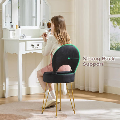 Velvet Black Small Vanity Chair & Stool - 13" Dx13 W Folding Back Storage Ottoman, Anti-Slip Golden V-Leg for Bedroom Makeup Room