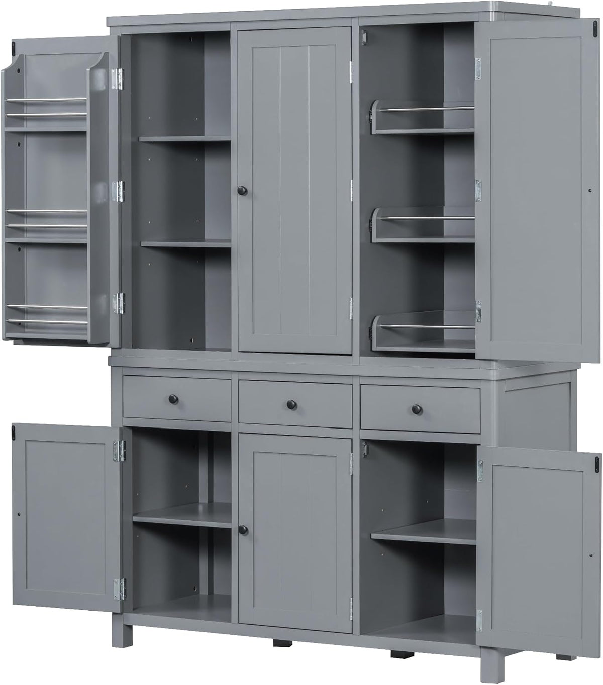 Merax 74.8'' Tall Kitchen Pantry Storage Cabinet with 6 Doors, 3 Drawers and Adjustable Shelves, Freestanding Large Cupboard & Pull-Out Trays for Kitchen, Dining Room, Living Room, Gray