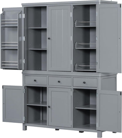 Merax 74.8'' Tall Kitchen Pantry Storage Cabinet with 6 Doors, 3 Drawers and Adjustable Shelves, Freestanding Large Cupboard & Pull-Out Trays for Kitchen, Dining Room, Living Room, Gray