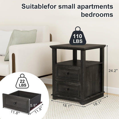 MUUEGM Farmhouse Nightstand 18” Brown End Table with Charging Station Rustic Wood Tall Bedside Table with 2 Drawers Storage Small Dresser Open Shelf for Bedroom, Living Room, Closet